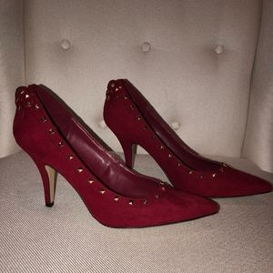 Red faux suede studded heels